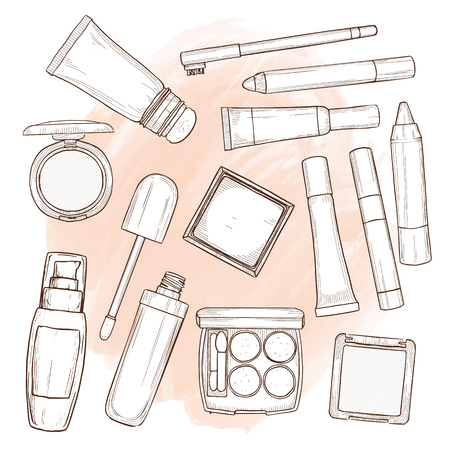 Vector illustration of makeup products, hand drawn art on a watercolor spotのイラスト素材