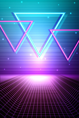 Wireframe landscape. Retro Futuristic background 80s style