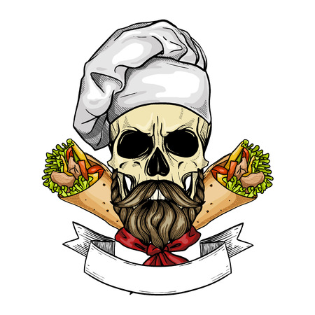 Hand drawn sketch, color skull with cooks hat, hot dogs and mustachesのイラスト素材