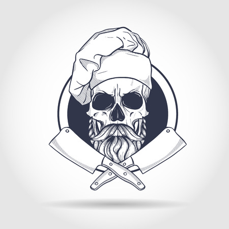 Hand drawn sketch, skull with cooks hat, mustaches and beardのイラスト素材