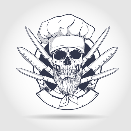 Hand drawn sketch, skull with cooks knife set, cooks hat and beardのイラスト素材