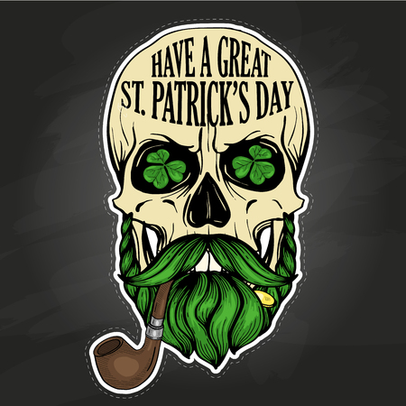Lettring for Saint Patricks Day, with skull with beard and mustaches, tobacco tube and clover leaf. Dark backgroundのイラスト素材