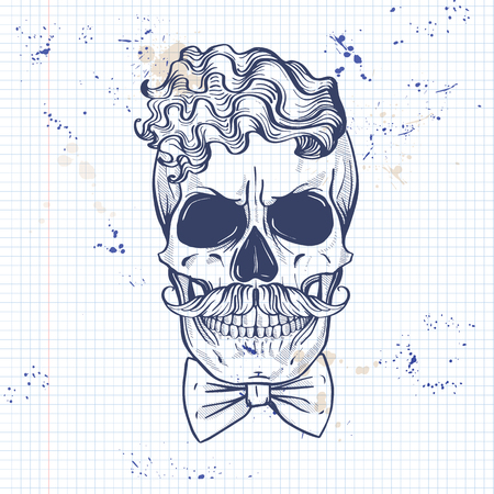 Sketch, barman skull with bow and mustaches on a notebook pageのイラスト素材