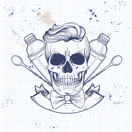 Sketch, barman skull with bow and mustaches, shaker and barman spoon on a notebook pageのイラスト素材