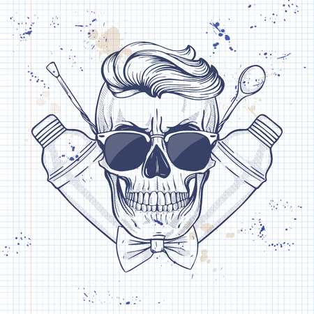 Sketch, barman skull with bow and sunglasses, shaker and barman spoon on a notebook pageのイラスト素材