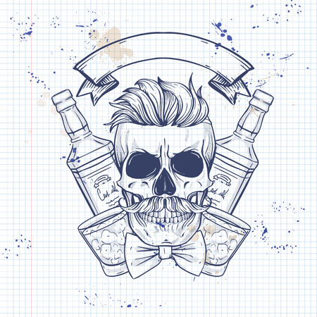 Sketch, barman skull with mustaches and bow, whiskey bottle and glass on a notebook pageのイラスト素材