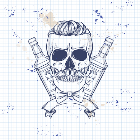 Sketch, barman skull with mustaches, bow and whiskey bottle on a notebook pageのイラスト素材