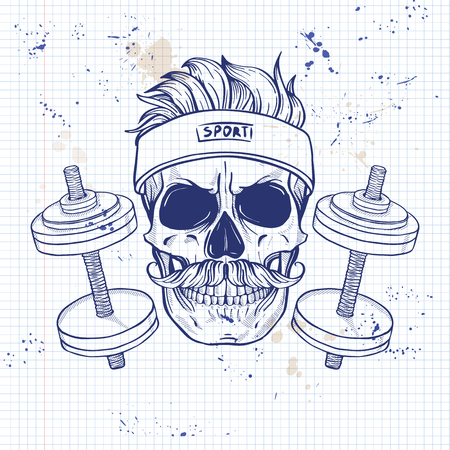 Hand drawn sketch, angry sport skull with dumbbells, sweat band and mustaches on a notebook pageのイラスト素材