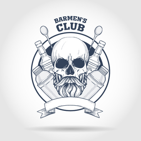 Hand drawn sketch, barman skull with beard and mustaches, shaker and barman spoonのイラスト素材