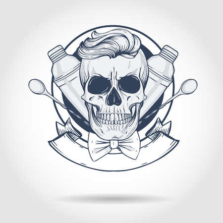 Hand drawn sketch, barman skull with beard and mustaches, shaker and barman spoonのイラスト素材