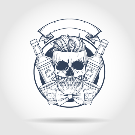 Hand drawn sketch, barman skull with beard and mustaches, shaker and barman spoonのイラスト素材