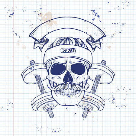 Hand drawn sketch, sport skull with dumbbells, sweat band and mustaches on a notebook pageのイラスト素材