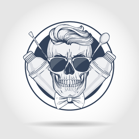Hand drawn sketch, barman skull with beard and mustaches, shaker and barman spoonのイラスト素材