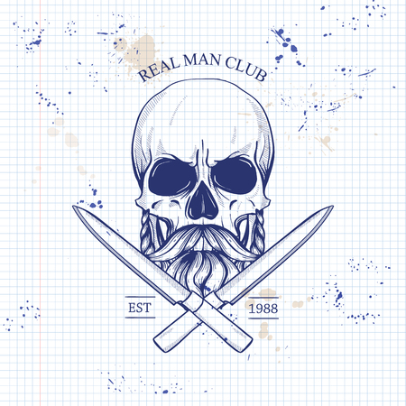 Hand drawn sketch, skull with cooks hat, taco, mustaches and beard on a notebook pageのイラスト素材