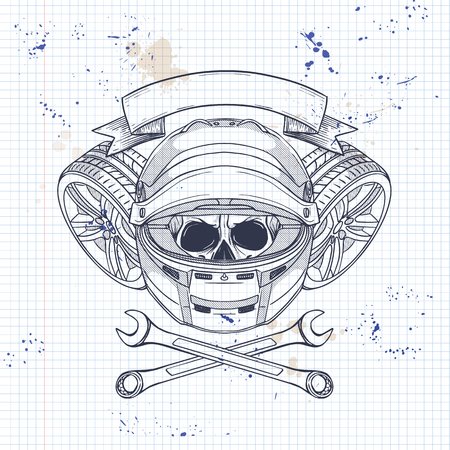 Hand drawn sketch, racer skull with helmet, wrench and wheel on a notebook pageのイラスト素材
