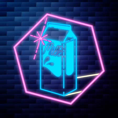 Vintage Milk emblem glowing neon sign on brick wall backgroundのイラスト素材
