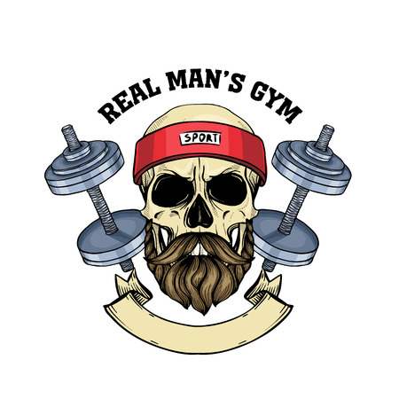 Hand drawn sketch, color angry sport skull with dumbbells, sweat band and mustaches and beardのイラスト素材