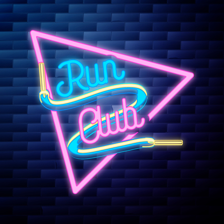 Vintage run club emblem glowing neon sign on brick wall backgroundのイラスト素材