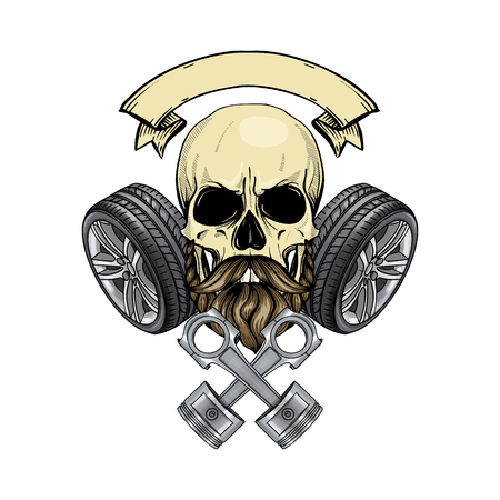 Hand drawn sketch, color racer skull with piston and wheel, beard and mustachesのイラスト素材