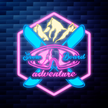 Vintage Ski sport emblem glowing neon sign on brick wall backgroundのイラスト素材