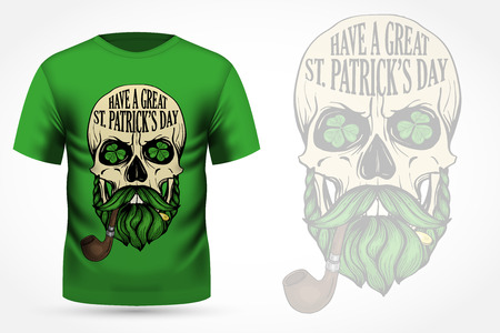 Hand drawn angry skull of leprechaun on t-shirt. Vector illustrationのイラスト素材
