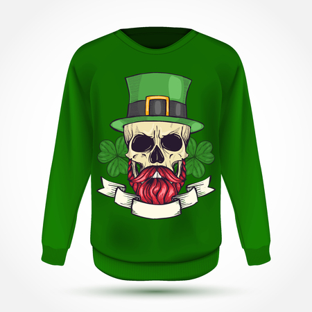 Color handdrawn angry skull of leprechaun with mustache, beard hat and clover leavesのイラスト素材