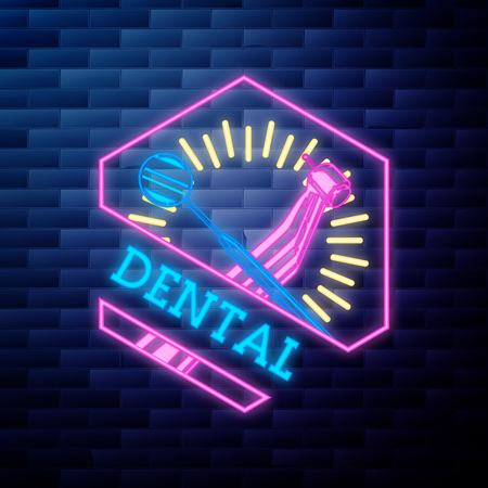 Vintage dental emblem glowing neon sign on brick wall backgroundのイラスト素材