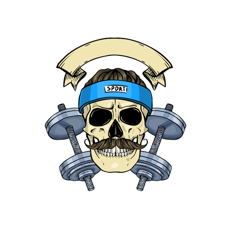 Hand drawn sketch, color sport skull with dumbbells, sweat band and mustachesのイラスト素材