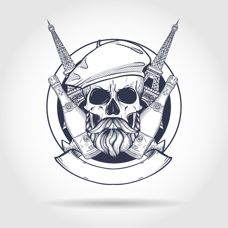 Sketch, french skull with beret, bottle of champagne, The Eiffel Tower and beard with mustachesのイラスト素材