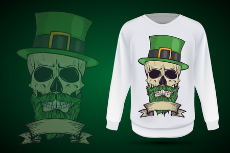 Color handdrawn skull of leprechaun with mustache, beard hat and clover leaves and a ribbonのイラスト素材