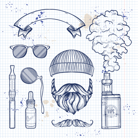 Hipster attributes - beard and mustaches, knited hat, electronic cigarette, vaporizer cigarette, liquid to fillのイラスト素材