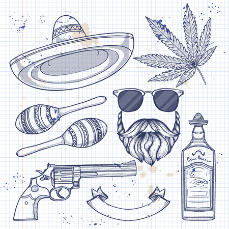 Hand drawn sketch, sombrero, maracas, revolver, tequila bottle, hemp leaf, beard and sunglasses on notebook pageのイラスト素材