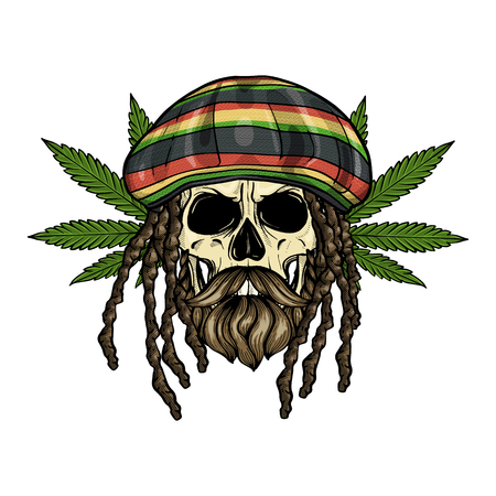 Hand drawn sketch, color skull with dreadlocks, rastaman hat, beard and mustaches and hemp leafのイラスト素材
