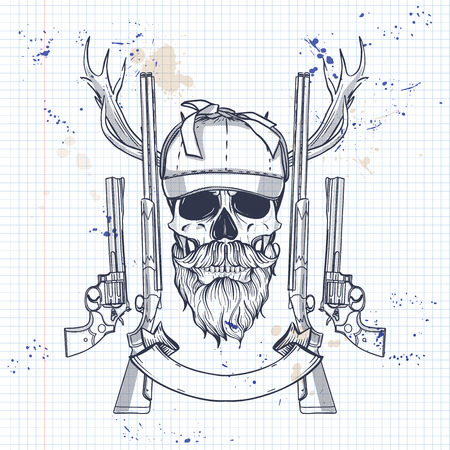 Sketch, skull with beard and mustaches, hunter hat, rifles, guns and antler on a notebook pageのイラスト素材