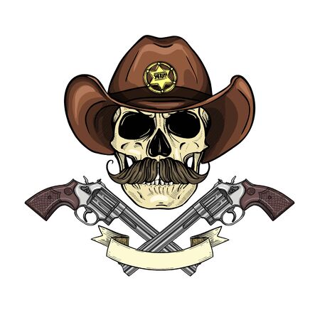 Hand drawn sketch, color skull with cowboy hat, sheriffs badge, neck scarf, revolver and mustachesのイラスト素材