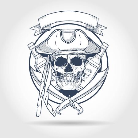 Hand drawn sketch, pirate skull with sword, mustaches, pirate hat and a bottle of rum. Poster, flyer designのイラスト素材