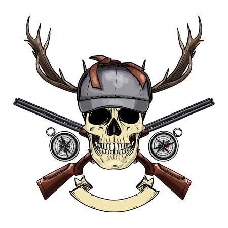 Hand drawn sketch, color skull with hunter hat, rifles, compass and antlerのイラスト素材