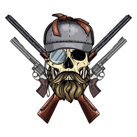 Hand drawn sketch, color skull with mustaches, hunter hat, guns and ribbon for textのイラスト素材