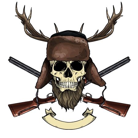 Hand drawn sketch, color skull with beard, hat with ear flaps, rifles, antler and ribbon for textのイラスト素材