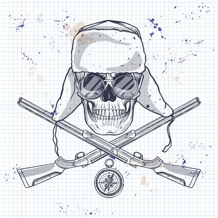 Sketch, skull with hat with ear flaps, rifles, compass and glasses on a notebook pageのイラスト素材