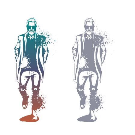 Vector man model dressed in jeans, shirt, pullover, coat anb boots, splash stileのイラスト素材