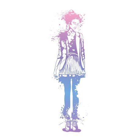 Sketch of trendy look girl with splashesのイラスト素材