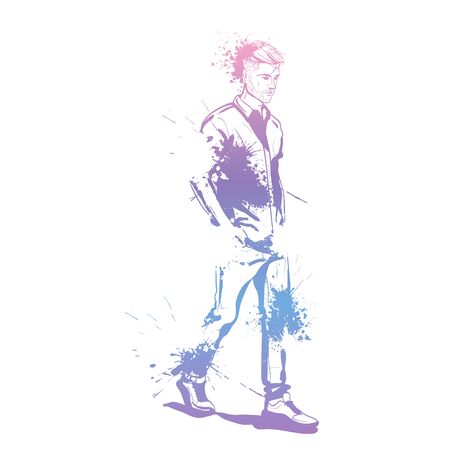 Vector man model dressed in jeans shirt and sneakers splash stileのイラスト素材