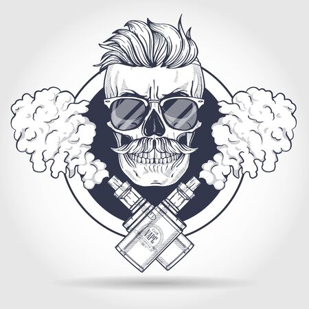 Sketch of hipster skull with mustaches, vaporizer cigarette, liquid to fill, sunglasses and clouds of smokeのイラスト素材