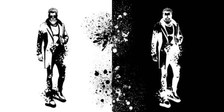Vector man model dressed in jeans, pullover, coat and boots, splash stileのイラスト素材