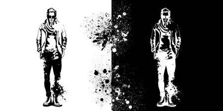 Vector man model dressed in jeans, t-shirt, jacket, sneakers, scarf and sunglasses, splash stileのイラスト素材