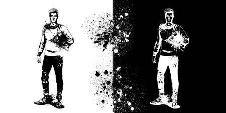 Vector man model dressed in jeans, pullover and shoes with backpack, splash stileのイラスト素材