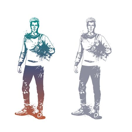 Vector man model dressed in jeans, pullover and shoes with backpack, splash stileのイラスト素材