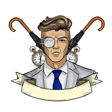 Hand drawn color sketch, british man with glasses. Poster, flyer designのイラスト素材