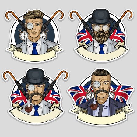 Hand drawn color sketch, set of british man stickers, flyersのイラスト素材